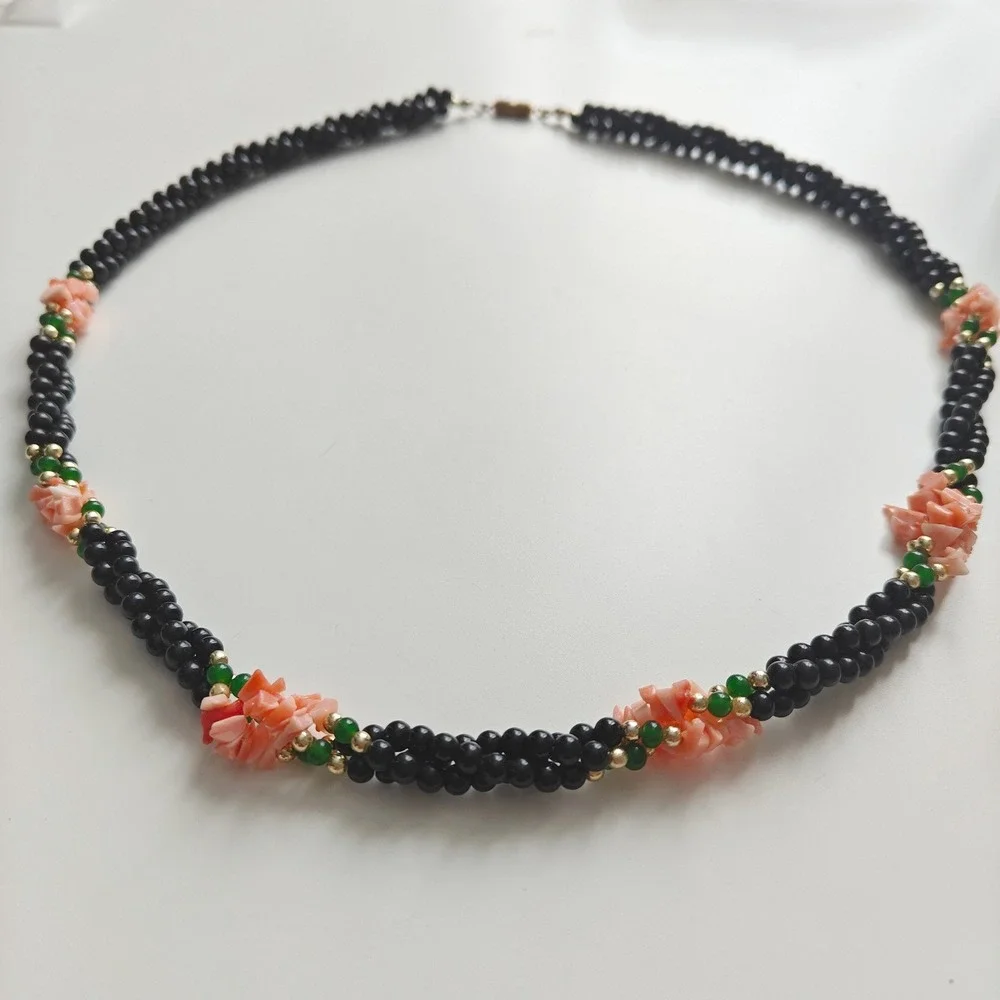 Vintage Black Beaded Necklace Pink Coral Green Jade Gold Tone Barrel Clasp 22